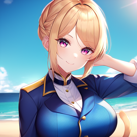 01157-3190420555-portrait, (solo, 1girl), day time, large breasts, (Fuchsia eyes), short hair,(Light Yellow hair) (hair slicked back_1.2), (Blue.png